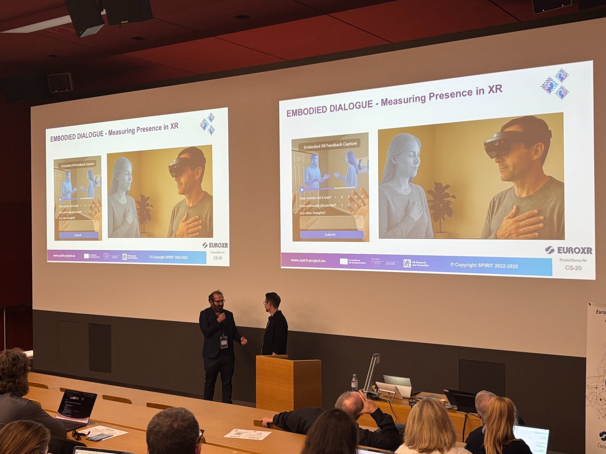 Live at EuroXR!
💡The CORTEX2 and SPIRIT joint event moved into the fast-track project pitches from XR innovators in Groups 1 &amp; 2, showcasing:
- Group 1: XR Technology and Infrastructure
- Group 2: Enhancement of XR Objects, Representations, and Experiences
Posters &amp; Demo next!