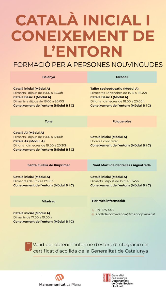📌 Inscripcions obertes per als cursos de català i coneixement de l'entorn de la #Mancomunitat per a persones nouvingudes

✅ Els cursos són vàlids per obtenir l’informe d’esforç d’integració i el certificat d’acollida de la Generalitat de Catalunya

➕INFO 👉