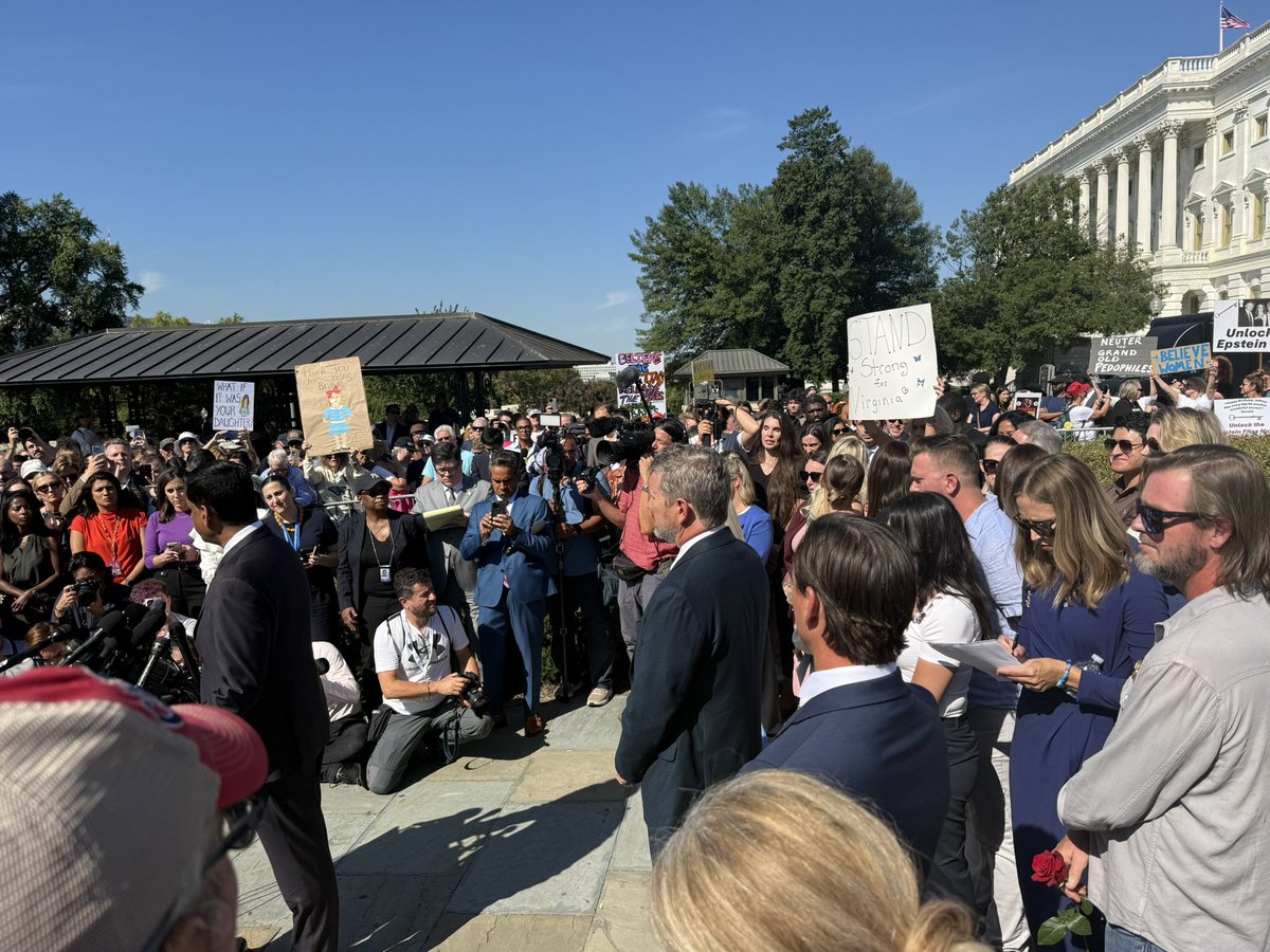 KHANNA opens up presser w/ Epstein victims on the push to release DOJ files. Tons of protesters here

MASSIE &amp; MTG, who signed onto the discharge petition, are here. Khanna praises MTG for showing courage by backing the effort