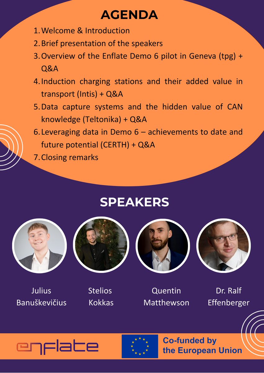 🚍 Join our webinar: Intelligent, Electrified &amp; Sustainable Mobility in Europe
📅 17 Sept 2025 | 🕙 10:00–11:30 CET | 🌐 Online
Hear from experts at CERTH, Intis, TPG &amp; Teltonika on how ENFLATE is reshaping urban transport in Geneva &amp; beyond.
🔗 Register: lnkd.in/eh3nTV4A