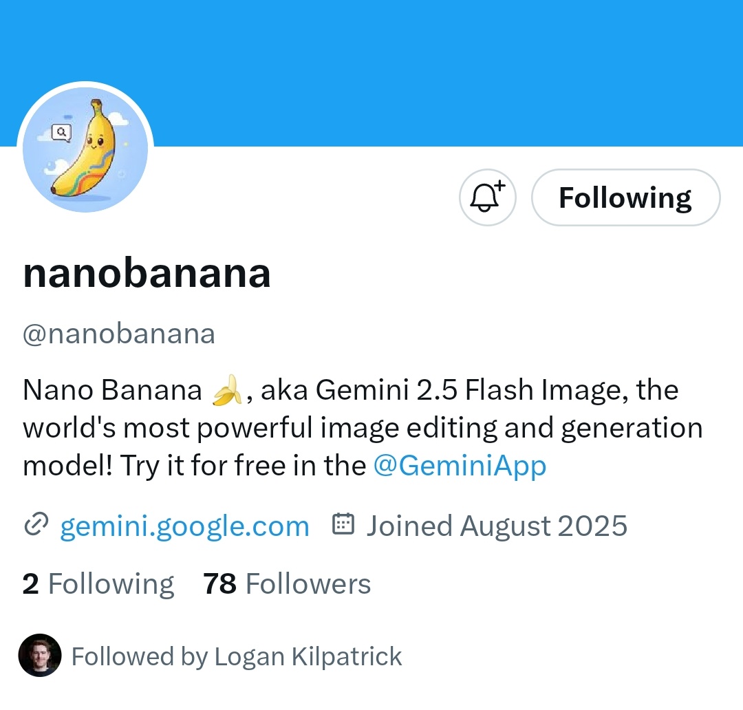 The lead at <a href="/GeminiApp/">Google Gemini</a> follows @nanobanana 

C7iBo3pWYrmEZSqTf5BG6BSDkGHU46WMwnHGiQiEpump

#nanobanana