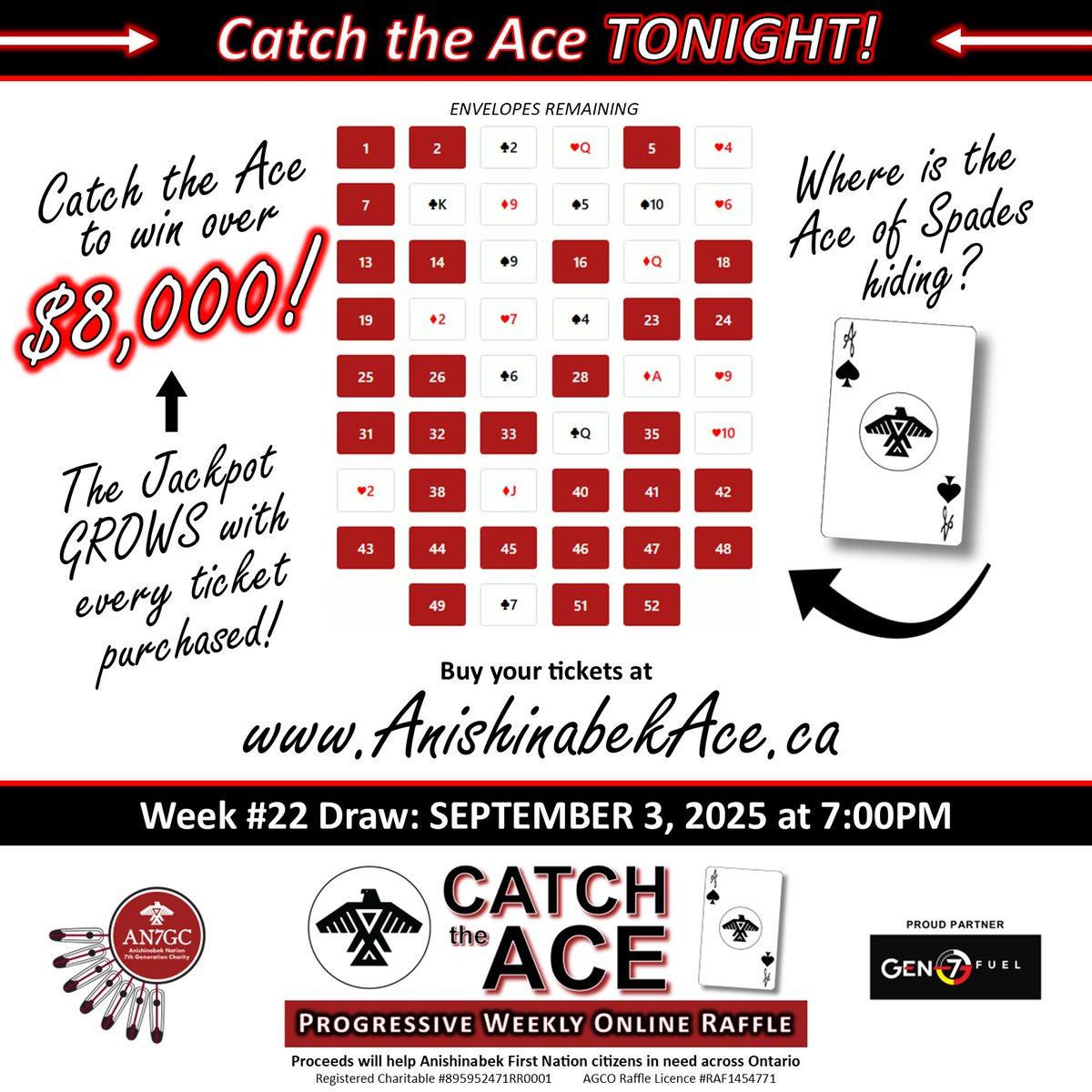 AN7GC's tweet image. The most #exciting day of the week is here! Our Catch the Ace Week #22 draw is taking place at 7:00pm TONIGHT! Buy your tickets now at AnishinabekAce.ca for your chance to #WIN the GROWING #Jackpot!