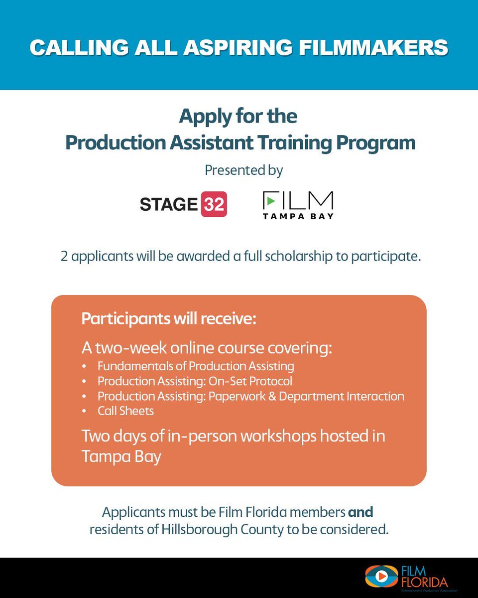 .<a href="/FilmTampaBay/">Film Tampa Bay</a> is partnering with <a href="/Stage32/">Stage 32</a>, the leading online education platform for film and television creatives, to launch a Production Assistant Master Certification Program in Tampa Bay. Two Film Florida members will be awarded a FULL SCHOLARSHIP to participate.

More info