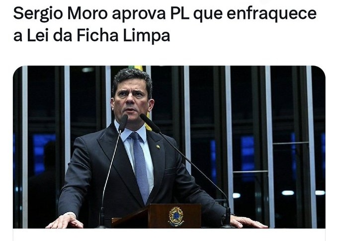 <a href="/terrordonordste/">Gilvan Freitas</a> Hipocrisia tem nome e sobrenome: Sérgio Moro.  O mesmo juiz que surfou na onda da “moralidade” agora aparece aprovando um projeto que enfraquece a Lei da Ficha Limpa.   O discurso de paladino da ética se desmonta diante da prática: