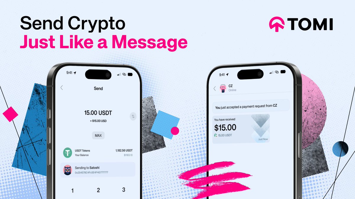 Send crypto like you send a message. TOMI combines chat with direct  payments. No switching between wallets and messaging apps. No copy-paste  addresses. You can do everything on TOMI 📲 https://t.co/3R7pZIGrRa