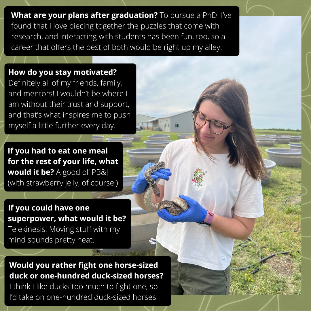 Meet your fellow #BioShox! This week, we’re highlighting Molly Russell, a graduate student in the Luhring lab. Molly’s love of being outdoors inspired her to pursue a biology degree. We’re glad you’re with us, Molly!🌾🦎🌳

@wichitastate
@fairmountWSU

#BecomeMore
