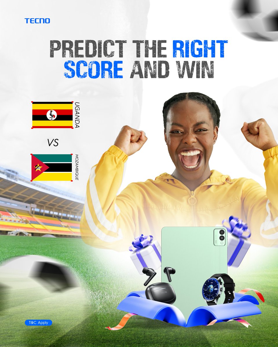 TECNOMobileUG's tweet image. Can you guess the correct score for Uganda vs Mozambique?
Drop your predictions below for a chance to win exciting prizes!
How to participate:

1.Follow us @TECNOMobileUG 
2.Comment your score prediction on the official match post
3.Tag 2 friends &amp;amp; use #TECNOCranesPredictandwin…
