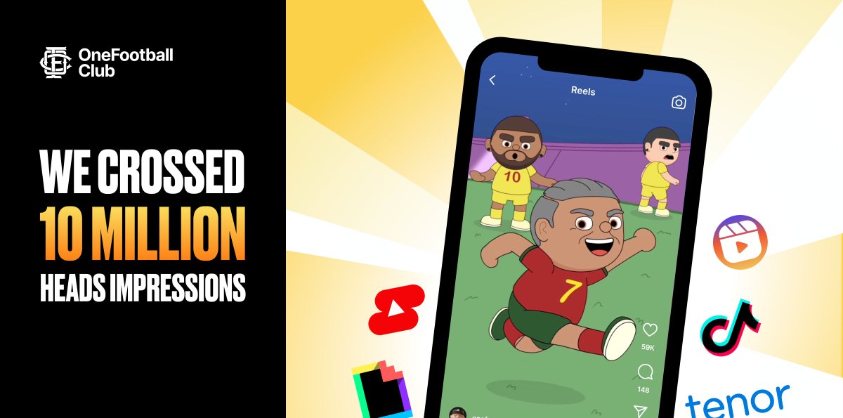 We crossed 10.000.000 impressions! 🏆

Within just 3 months - across TikTok, YouTube Shorts, Instagram Reels, Giphy and Tenor.

The OneFootball Heads IP starts growing and OFC never stops growing ✊