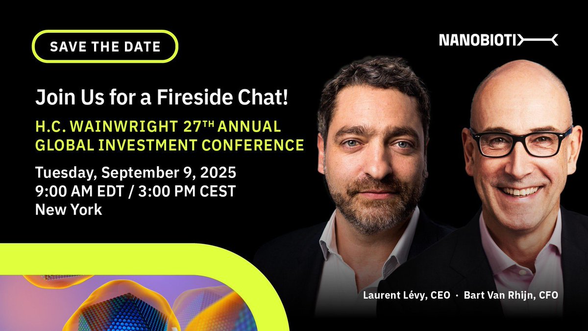 Nanobiotix will be in New York on September 9 to participate in the HC Wainwright 27th Annual Global Investment Conference.

🕒 9:00 AM EDT/ 3:00 PM CEST
👤 Laurent Levy, CEO
👤Bart Van Rhijn, CFO
👉Webcast journey.ct.events/view/2b81e8f4-… 

 #Investor #Innovation #Oncology #HCW2025