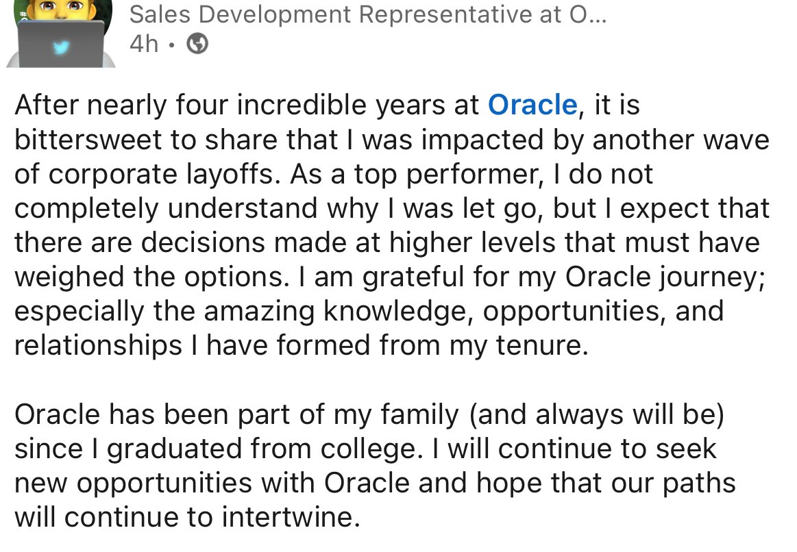 1. Don’t be an SDR at a massive company 

2. People you work with aren’t family, esp not at Oracle