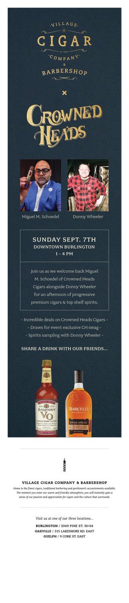 An Afternoon in Downtown Burlington With Crowned Heads' Miguel Schoedel 👑 &amp; spirits served by Donny Daiquiri Sunday Sept 7, 1-4pm! - mailchi.mp/villagecigarco…
<a href="/VCCBBurl/">VCC&BBurl</a> <a href="/DTBurlingtonON/">Downtown Burlington</a> <a href="/BarceloRum/">Ron Barceló</a> #cigarevent