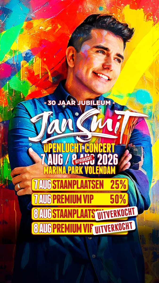 JanSmit's tweet photo. Zo trots dat we op 7 &amp; 8 augustus mijn jubileumconcerten mogen vieren in Volendam! De zaterdag was al snel uitverkocht, daarom hebben we de vrijdag nu ook in de verkoop gedaan! Zin in! 

Tickets via: 
https://t.co/gpbbO8oMQm

#30Jaar #Jubileum #Volendam https://t.co/oX4158CZKl