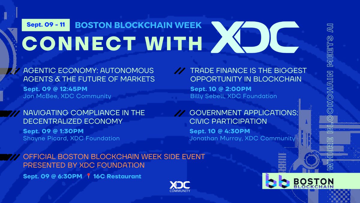 XDC Community (@xdc_community) on Twitter photo XDC will be showing up at <a href="/blockchainwk/">Boston Blockchain Week</a> 2025!
📍 September 9–11 at Kilroy Square in Quincy, MA
If you're in the Boston area, come connect with local <a href="/XDC_Network_/">XDC Network</a> community and <a href="/XDCFoundation/">XDC Foundation</a> members to discuss two world-shifting technologies, blockchain and AI! XDC will be showing up at <a href="/blockchainwk/">Boston Blockchain Week</a> 2025!
📍 September 9–11 at Kilroy Square in Quincy, MA
If you're in the Boston area, come connect with local <a href="/XDC_Network_/">XDC Network</a> community and <a href="/XDCFoundation/">XDC Foundation</a> members to discuss two world-shifting technologies, blockchain and AI!