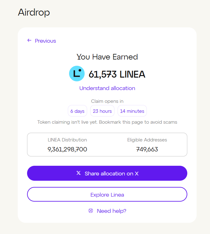 Linea airdrop confirmed! I just checked my allocation, seamless experience with details on eligibility and amounts. Don't miss out! 

Check yours: linea.build/hub/airdrop?ea… 
#LineaAirdrop #WenChecker
