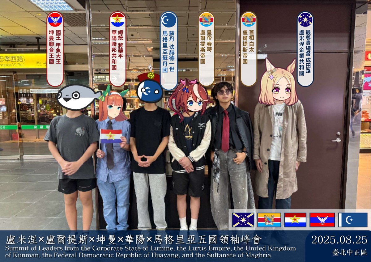 Aug 23–25 Maxime Honorabilis Dux Narita Top Road visited northern Taiwan for Fancy Frontier and met leaders of Hornia, Huayang, Kunman, Lechia, Huajiangstan &amp; Lurtis. He also met Satono Diamond and Super Earth Helldivers, discussing global affairs, diplomacy, military, and ACG .