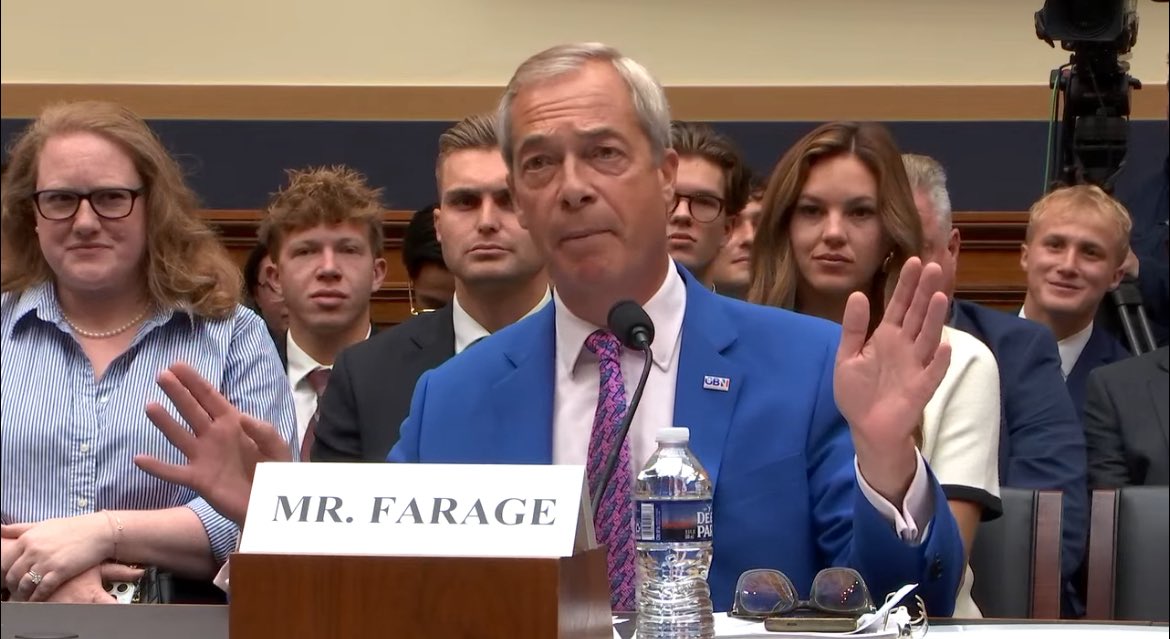 Nigel Farage tells Congress he wanted to bring Lucy Connolly - jailed for social media post after the Southport attack - to the hearing today but this was not possible due to travel restrictions following her conviction