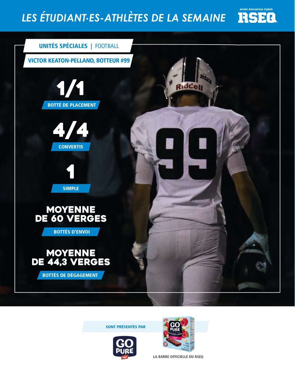 RSEQ (@rseq1) on Twitter photo FOOTBALL SCOLAIRE
Voici les étudiant·es-athlètes de la semaine pour le football scolaire D1, présentés par Go Pure, la barre officielle du RSEQ :
⭐️Jamal Hechme-Oray, Collège Charles-Lemoyne
⭐Julien Bergeron, Collège Notre-Dame 
⭐Victor Keaton-Pelland, Collège Notre-Dame FOOTBALL SCOLAIRE
Voici les étudiant·es-athlètes de la semaine pour le football scolaire D1, présentés par Go Pure, la barre officielle du RSEQ :
⭐️Jamal Hechme-Oray, Collège Charles-Lemoyne
⭐Julien Bergeron, Collège Notre-Dame 
⭐Victor Keaton-Pelland, Collège Notre-Dame