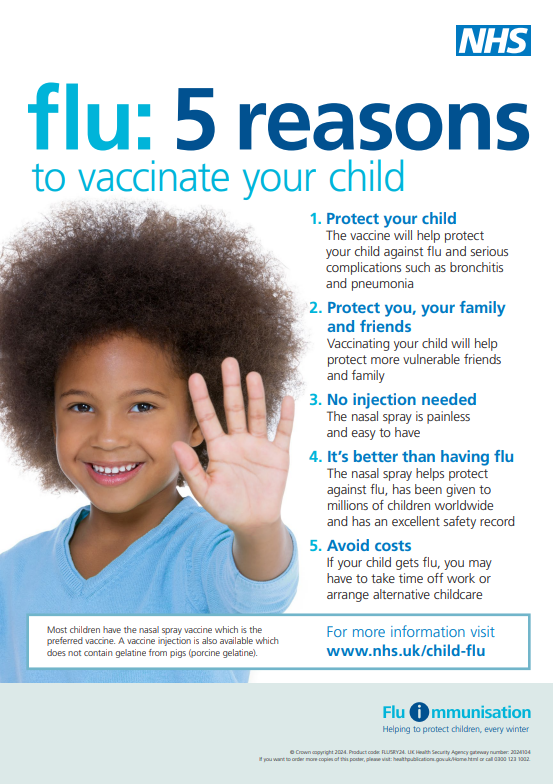 We’re getting ready to start the Nasal Flu Immunisation program..

Look our for information from school including instructions on how to complete the online consent/refusal form. 
If you have any questions, please call us on 01924 310133.
