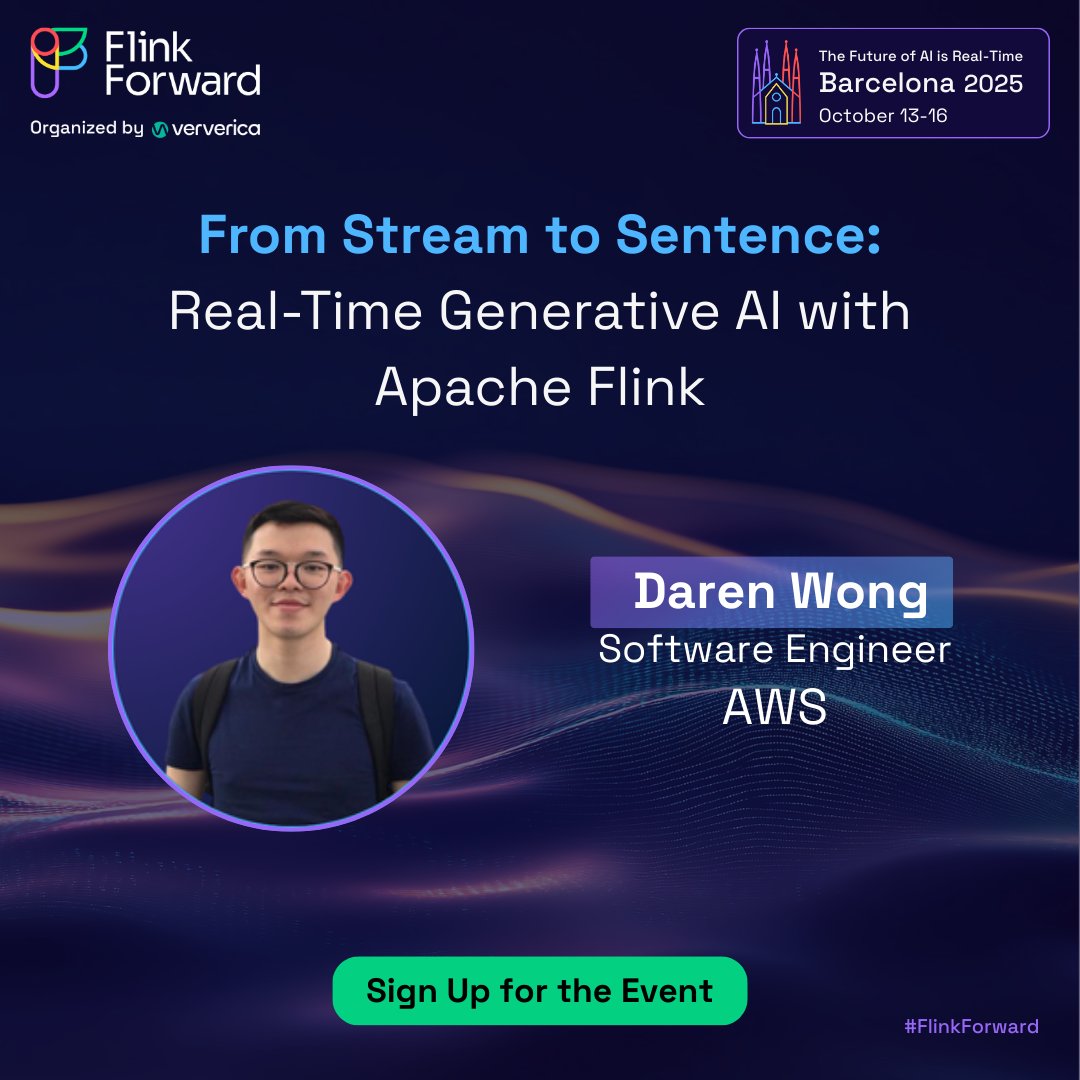 FlinkForward's tweet photo. At Flink Forward Barcelona 2025, AWS shows how Apache Flink powers real-time Gen AI, with live demos of sports commentary generated from streaming data.
๐ Register: https://t.co/VmMjLuvPOQ
#FlinkForward #ApacheFlink #GenerativeAI #StreamingData https://t.co/uNciB6IWd4