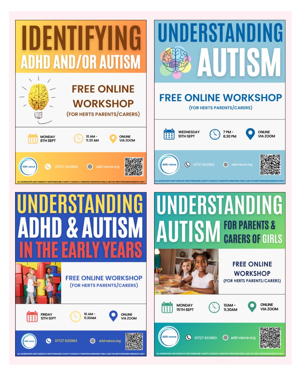 ADD-vance ADHD and Autism Trust (@vanceadd) on Twitter photo 👀Take a look at the FREE upcoming workshops available to Hertfordshire parents/carers 👀
Book here: bit.ly/3SYdUBG or scan QR code
#ADDvance #ADHD #autism #neurodiversity #neurodivergent #neurodivergence #herts #hertfordshire #workshop #earlyyears #girls 👀Take a look at the FREE upcoming workshops available to Hertfordshire parents/carers 👀
Book here: bit.ly/3SYdUBG or scan QR code
#ADDvance #ADHD #autism #neurodiversity #neurodivergent #neurodivergence #herts #hertfordshire #workshop #earlyyears #girls