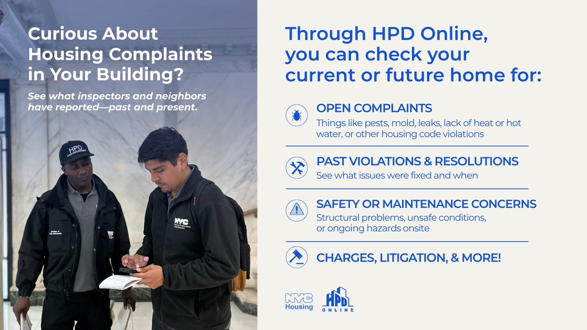 Did you know you can check open complaints and violations for any residential building in NYC? 🏢

HPD Online makes it easy to see the history of your building—or one you’re thinking about moving into.

Take a look: hpdonline.nyc.gov/hpdonline/