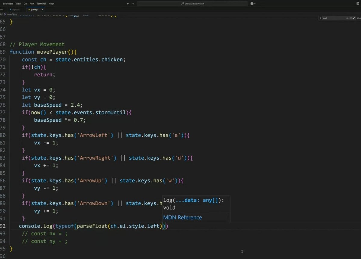 N_Yaghoubi's tweet image. Big step forward: built the movePlayer #function and combined it with some #Math to finally move the chicken! Now it responds to arrow keys— WiFiChicken is alive🐔
@E_Ehrari 
@f_forough 
@CodeToInspire 
#gamedevelopment 
#Frontend #WebDev
#CodeNewbie #AfghanGirlsCode #javascript