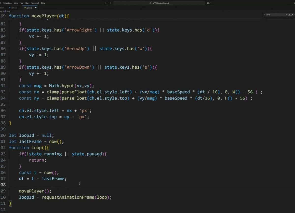 N_Yaghoubi's tweet image. Big step forward: built the movePlayer #function and combined it with some #Math to finally move the chicken! Now it responds to arrow keys— WiFiChicken is alive🐔
@E_Ehrari 
@f_forough 
@CodeToInspire 
#gamedevelopment 
#Frontend #WebDev
#CodeNewbie #AfghanGirlsCode #javascript