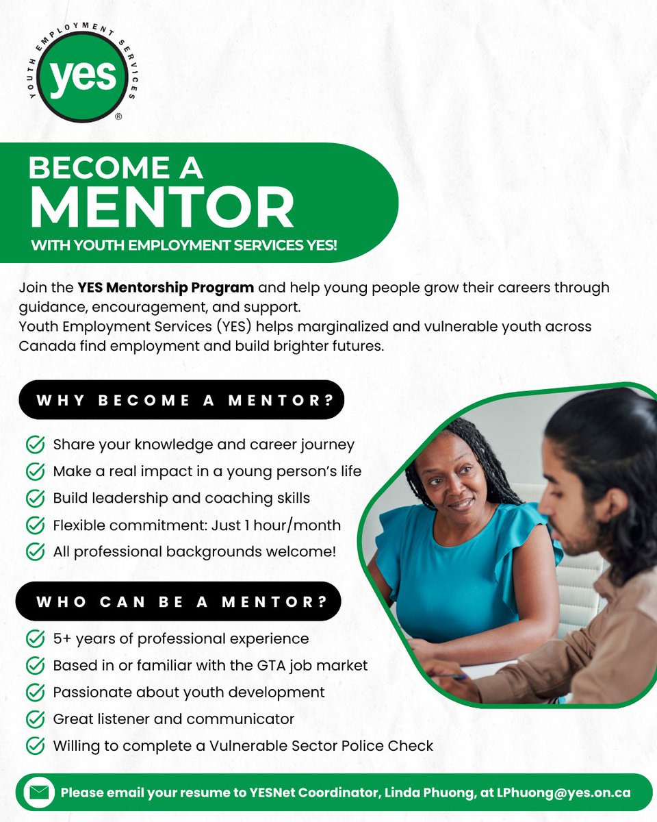 🌟 Become a YES Mentor! 🌟

Give just 1 hour/month to guide youth, share career advice &amp; build your own leadership skills.

📩 Apply by sending your resume to LPhuong@yes.on.ca

#YouthEmployment #Toronto #Mentorship