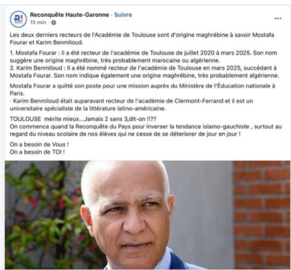 Le racisme décomplexé de l'extrême-droite fait frémir. Tout mon soutien à <a href="/MostafaFourar/">Mostafa Fourar</a> et <a href="/BenmiloudKarim/">Karim BENMILOUD</a> qui sont stigmatisés par ce message du fait de leur nom de famille. Espérons que <a href="/Reconquete_off/">RECONQUÊTE !</a> sera condamné pour ces propos racistes et xénophobes.