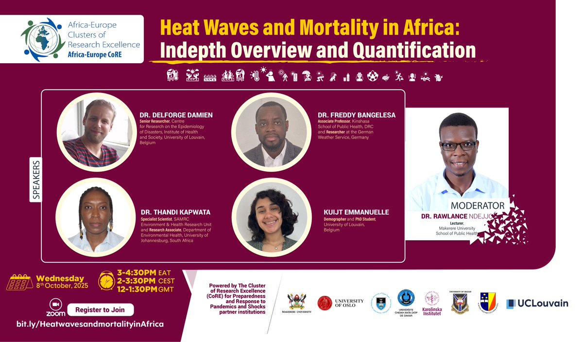 Register to join the conversation about one of Africa’s pressing climate and health challenges

Topic: Heat Waves and Mortality in Africa: In-depth Overview and Quantification

🔗bit.ly/Heatwavesandmo…
🗓️ Wednesday, 8th October 2025
⏰3:00–4:30 PM EAT | 2:00–3:30 PM CEST |