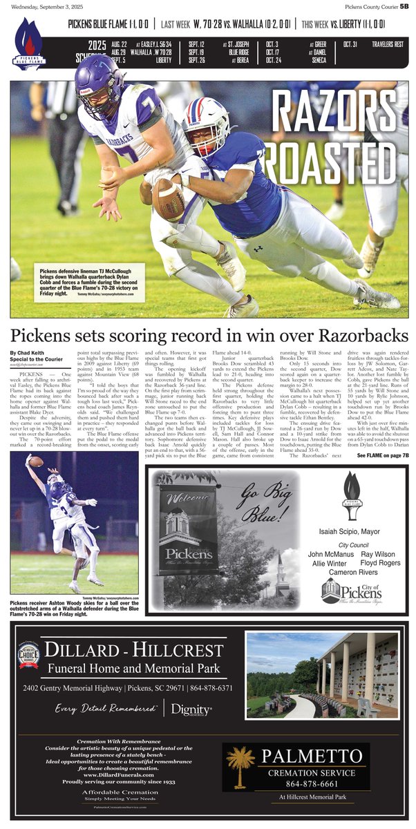Coming off a week 0 loss, <a href="/BlueFlameFB/">Pickens Football</a> rebounded with a record-setting victory over Walhalla on Friday. For more on the Blue Flame’s win, plus results from Daniel, Easley, Liberty and Clemson check out this week’s <a href="/PCCourier/">Pickens Co. Courier</a> Football Frenzy.