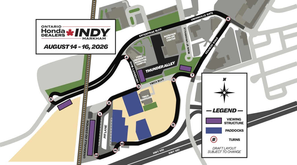 2.19 miles. 12 turns. Here's the track map for the Streets of Markham. 🇨🇦🏁