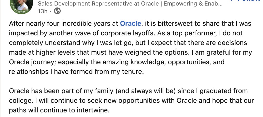 thedealdirector's tweet image. The Oracle layoff posts have started.