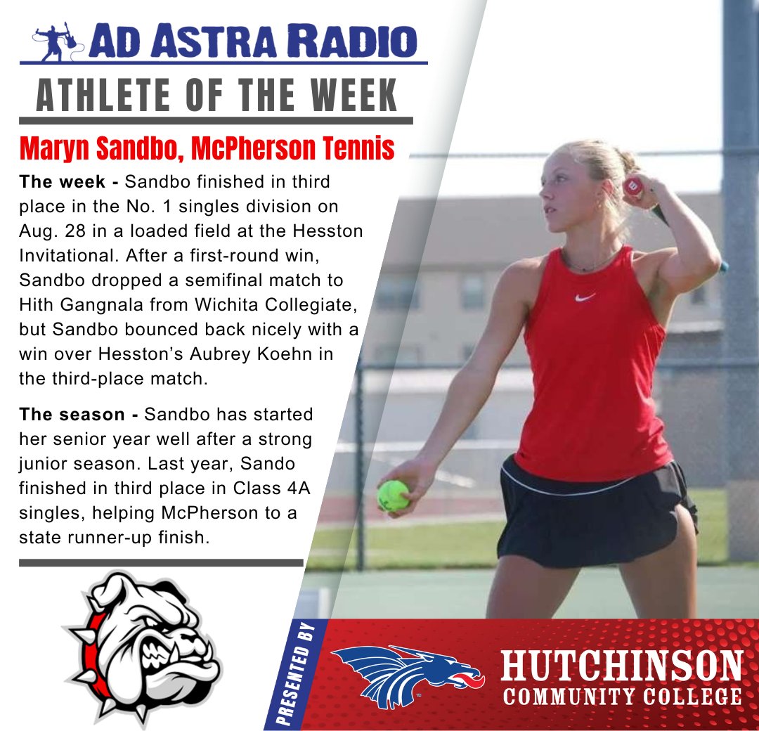 🎾🎉Ad Astra Radio is proud to announce this week's Athlete of the Week as McPherson High School senior Maryn Sandbo! 

Ad Astra Radio's Athlete of the Week is presented by Hutchinson Community College. 

#AOTW #AthleticAchievements #BullpupAthletics #adastrasports