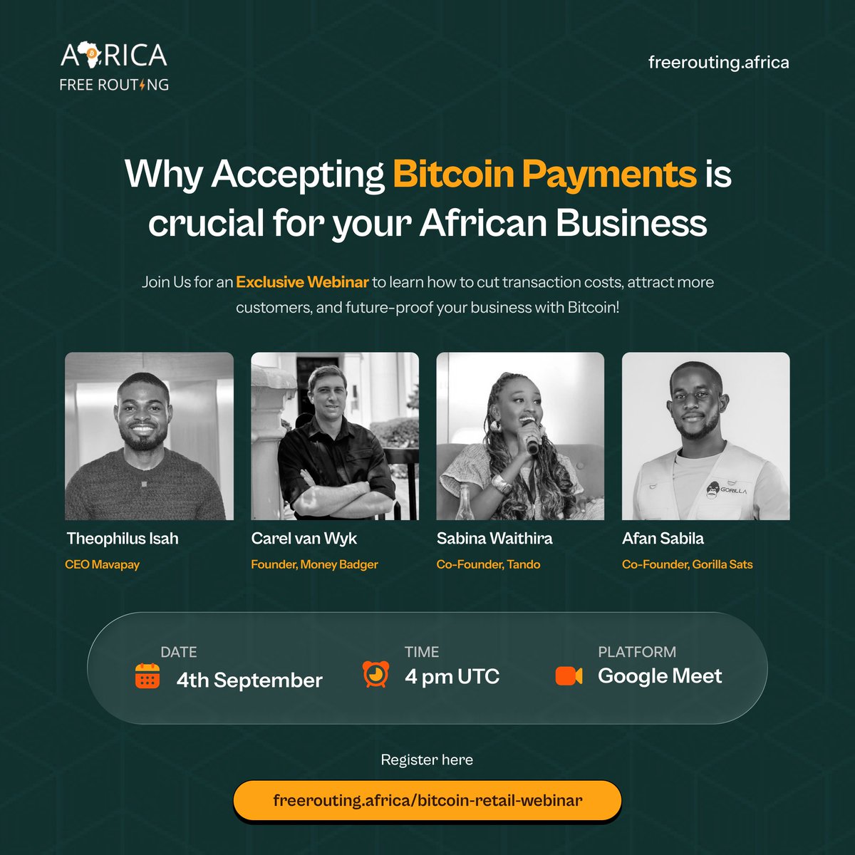 Tomorrow, it’s happening!

Join our exclusive webinar on why Bitcoin payments are crucial for African businesses.

📅 Sept 4 | 4 PM UTC
🔗 Register now: freerouting.africa/bitcoin-retail…