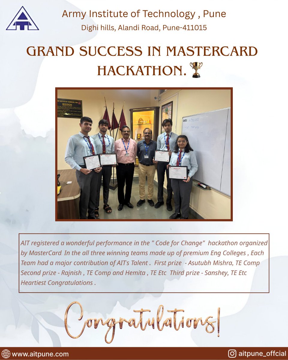 ait_pune's tweet image. ✨ Proud Moment for AIT! ✨

AIT students powered all 3 winning teams 🏆 at the MasterCard Code for Change Hackathon 🎉🔥

Proud of our champs for making AIT shine on the big stage! 👏

#AIT #MasterCardHackathon #CodeForChange #ProudMoment
