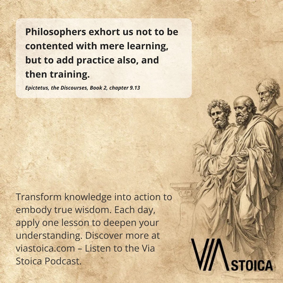 ViaStoica's tweet photo. “Philosophers exhort us not to be contented with mere learning, but to add practice also, and then training.”
Visit https://t.co/YeEUrCPe8e or listen to the Via Stoica Podcast.
#Stoicism #Quote #Stoic #Wisdom https://t.co/kxqAallvDr