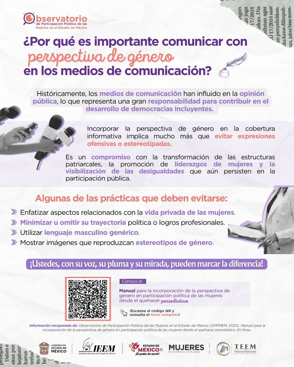 ¡Consulta el “Manual para la incorporación de la perspectiva de género en participación política de las mujeres desde el quehacer periodístico” y construyamos democracias incluyentes!

Disponible en: bit.ly/3UkJAnG