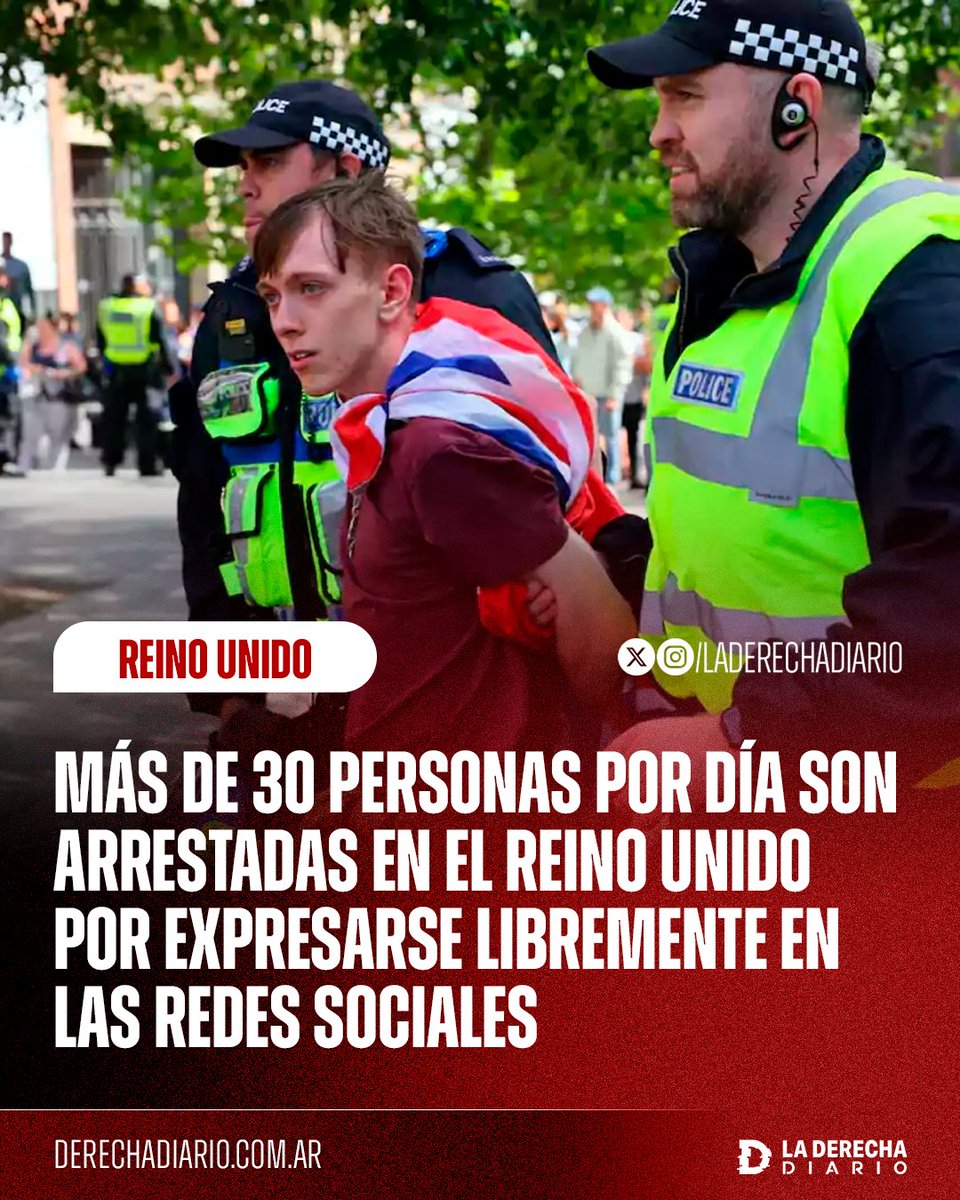 🚨🇬🇧 | Como en un país comunista, más de 30 personas por día son arrestadas en el Reino Unido por expresarse libremente en redes sociales contra las violaciones masivas de bandas de inmigrantes ilegales a niñas británicas, entre otras cosas.
