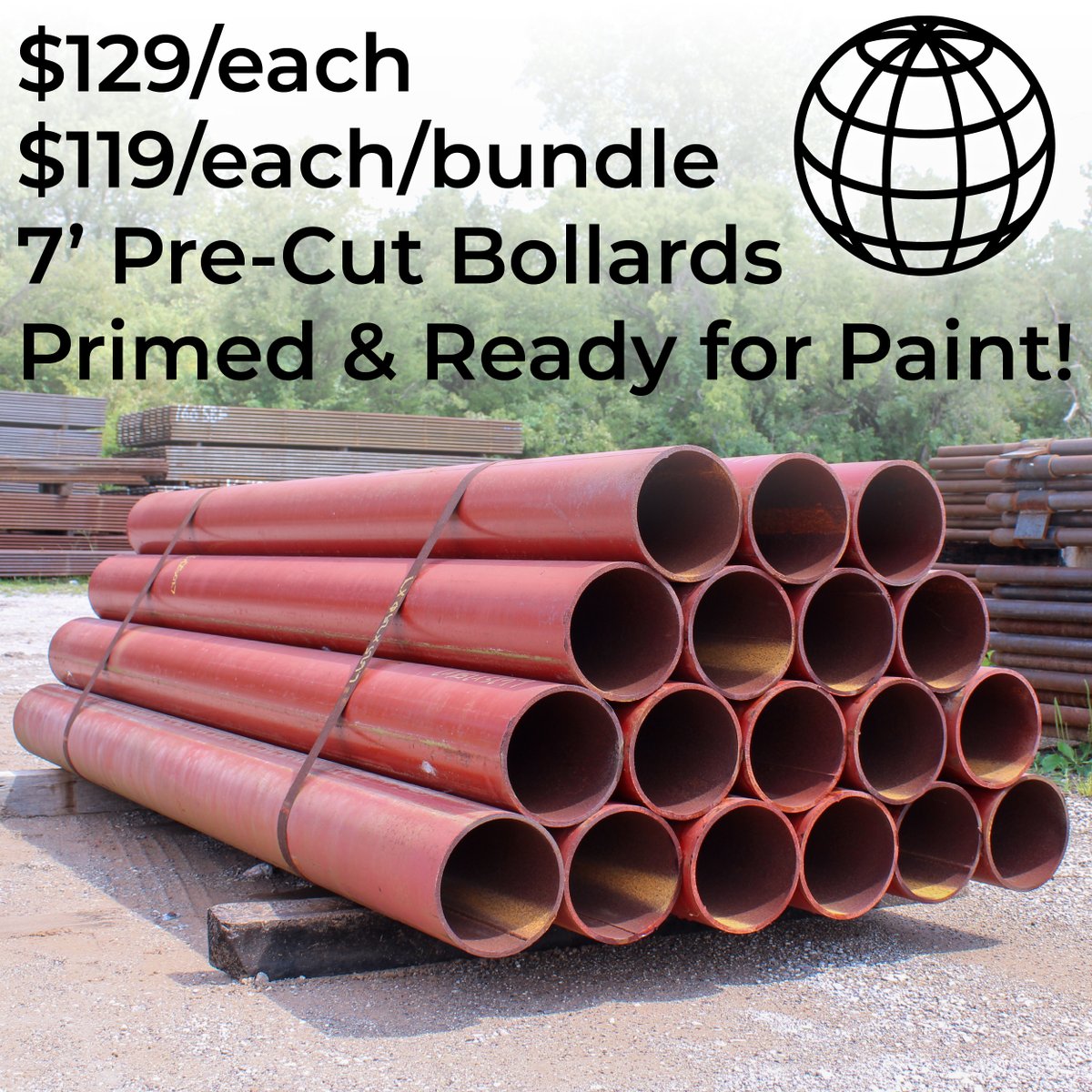 Need bollards for your project? We got 'em! Need caps for those bollards? We got 'em! Call us at (405) 478-4500 to get 'em for your project!

#InternationalPipe #Bollards #SteelPipe #PipeYard