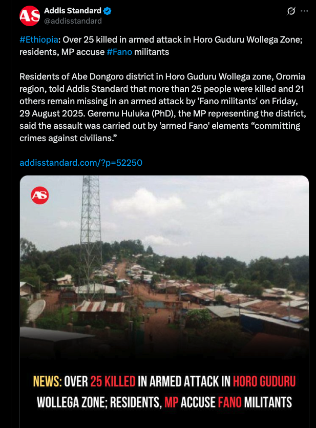 HOAAffairs's tweet photo. When Victims Are Branded as Perpetrators: @addisstandard 's Disinformation on the #AmharaGenocide
The recent #AddisStandard โreportโ alleging that #Fano were responsible for the massacre of Amhara civilians in Horo Guduru Wollega is a grotesque inversion of reality. To blame Fano, a grassroots self-defense force born out of necessity in response to state-sponsored atrocities, is akin to claiming that Himmler was decimating German villages while in truth he was orchestrating the deportation of Jews to the gas chambers. The comparison is stark because the distortion is deliberate: it seeks to frame the persecuted as the persecutors, thereby sanitizing the crimes of those truly responsible.
The facts on the ground are unmistakable. For years, Oromia special forces and OLA insurgents, operating under the toxic doctrine of #Oromumma, have committed gruesome atrocities against Amhara communities in Wellega and beyond: massacres, displacements, and systemic terror. Independent investigations and eyewitness testimonies have consistently identified state and regional actors as the architects of this violence. Yet Tsedale Lemma, the owner of Addis Standard and long known for her venomous hostility toward the Amhara, has perfected the craft of turning victims into villains. By weaponizing journalism to spread disinformation, her outlet serves not as a voice for truth but as a shield for impunity.
At its core, this is about more than one distorted article, it is about the battle over narrative in the face of genocide. The Amhara people, by far the most persecuted community in Ethiopia over the past three decades, are enduring systematic extermination, their villages razed, their monks slaughtered, their children starved. To smear Fano, the very force that emerged to defend them, as aggressors is not merely dishonest, it is morally bankrupt. History will remember who stood against genocide and who, like Addis Standard, chose instead to enable it by projecting guilt onto the victims.
@UNHumanRights @UN_HRC @AAA_Amhara @UNOSAPG @GenocidePrevent