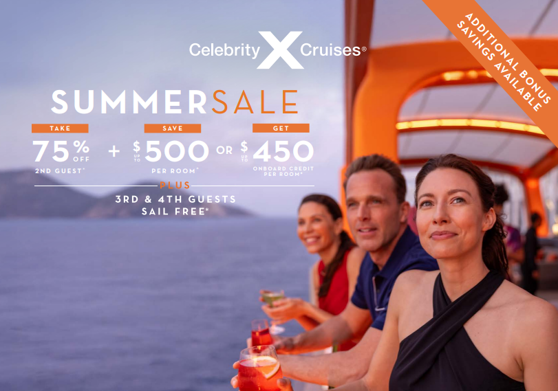 Celebrity's Summer Sale is here! Get 75% off* your second guest, plus an extra $500 off or up to $450 per room to spend on board*. 3rd, 4th, &amp; 5th guests sail free* on select sailings. Now through 9/22/25. Restrictions apply. boscovstravel.com/start-planning…