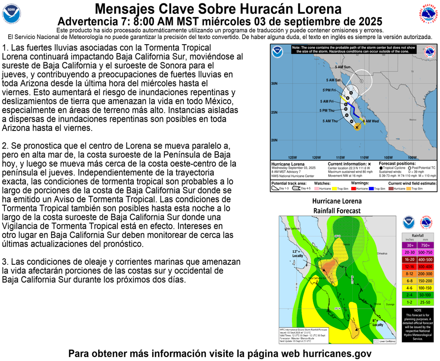 NHC_Pacific's tweet photo. 8am MST 9/3 Hurricane #Lorena Key Messages: Heavy rainfall is expected to cause life-threatening flash flooding and mudslides, especially across Baja California Sur.

More information: https://t.co/Oy8uoeRKme https://t.co/dQEi1lDZt9