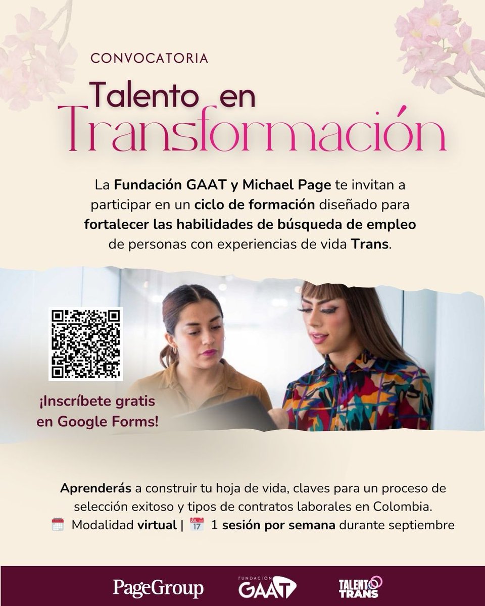 Hoja de vida, entrevistas y contratos: ¡fórmate para el mundo laboral con Talento en TransFormación!💼

Participa en este ciclo de talleres GRATUITOS para personas Trans y no binarias🏳️‍⚧️ y prepárate para que tu talento brille✨

📲 Inscríbete aquí→ forms.gle/EjyFhStUoSrcVH…