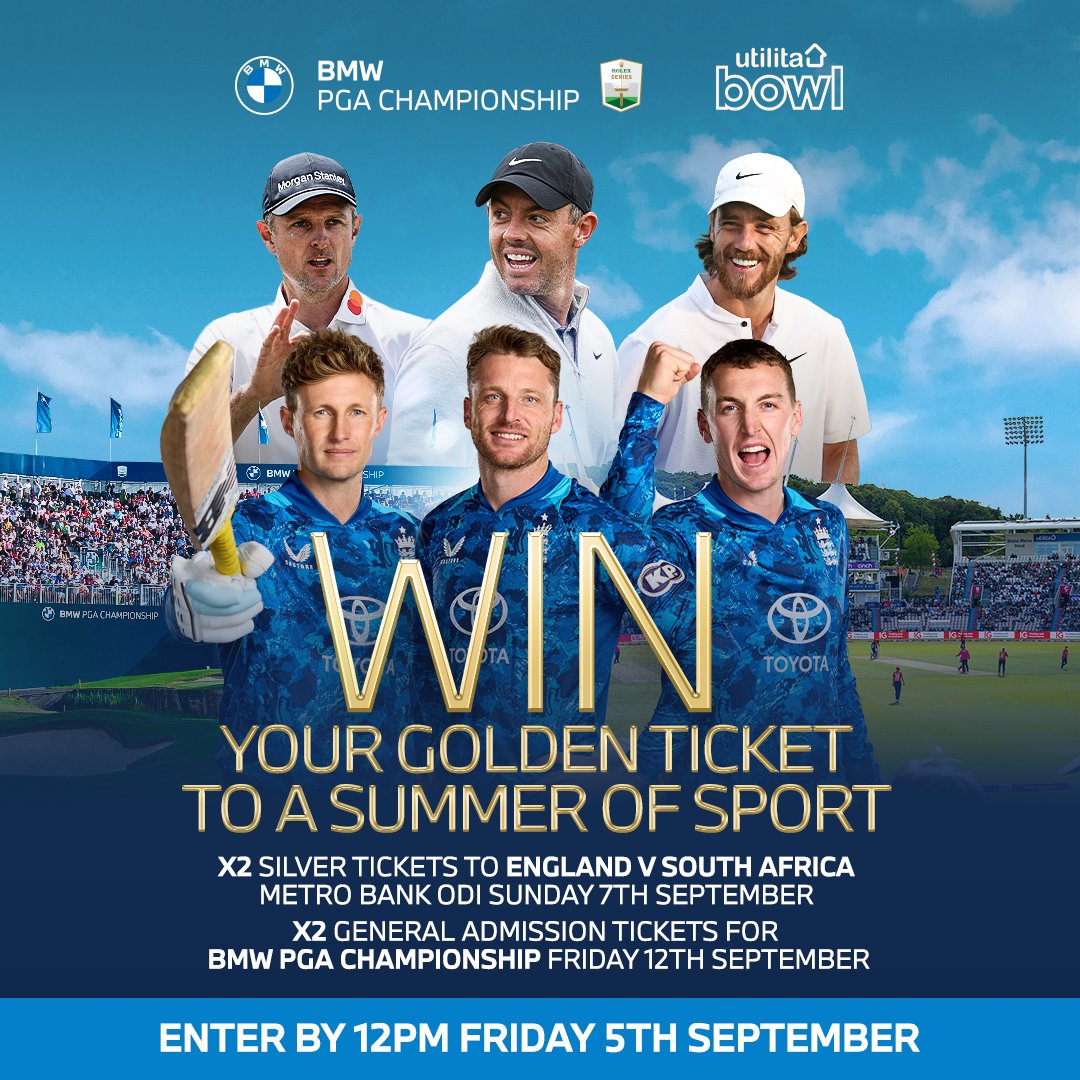 WIN your golden ticket to a summer of sport! 🎫

🎟 Win 2 x tickets to the BMW PGA Championship at Wentworth on Friday 12th September ⛳
+
🎟 Win 2 x tickets to the SOLD OUT England vs South Africa Metro Bank ODI at Utilita Bowl on Sunday 7th September 🏏

👇 Simply complete the