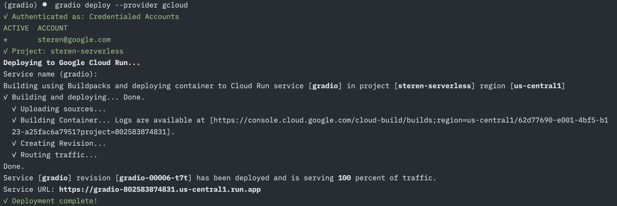 steren's tweet image. Deploy your @Gradio app to Cloud Run from the gradio CLI:

$ gradio deploy --provider gcloud