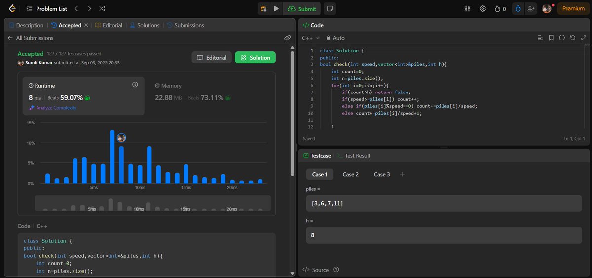 AIDev_Sumit's tweet image. 🚀 Day 43 of #100DaysOfCode

✅ Solved another LeetCode problem!
⚡ Optimized solution with Binary Search + Check Function
📈 Runtime: 8ms | Beats 59.07%
📉 Memory: 22.88 MB | Beats 73.11%
Consistency &amp;gt; Motivation 💯
#LeetCode #CodeNewbie #Cplusplus