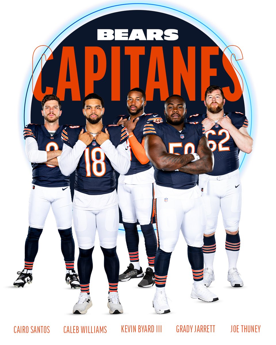 🔥🫡 Los líderes del barco están listos.
Estos son los CAPITANES que guiarán a los Bears esta temporada.

🐻 <a href="/cairosantos19/">Cairo Santos</a> 
🐻 <a href="/CALEBcsw/">Caleb Williams</a> 
🐻 <a href="/KevinByard/">Kevin Byard</a> 
🐻 <a href="/GradyJarrett/">Grady Jarrett</a> 
🐻 <a href="/JosephThuney/">Joseph Thuney</a> 

¿Estais listos para la temporada?

#DaBears