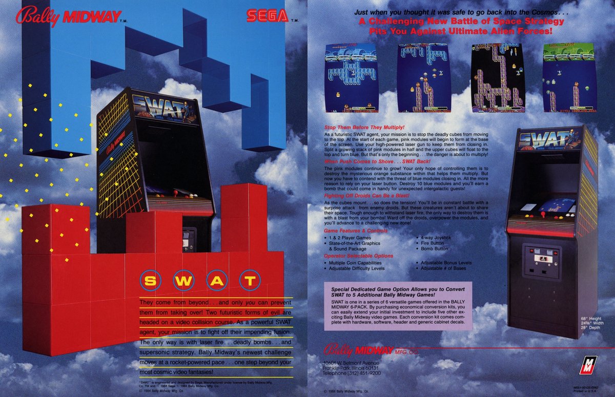 Today's #AFOTD #238 is SWAT developed by Coreland and released by Sega in 1984. In this game, your goal is to prevent the blue blocks from connecting to the pink blocks. In the USA, the game was licensed to Bally/Midway. #Arcade #Gaming #RetroGaming #VideoGames #GamersUnite