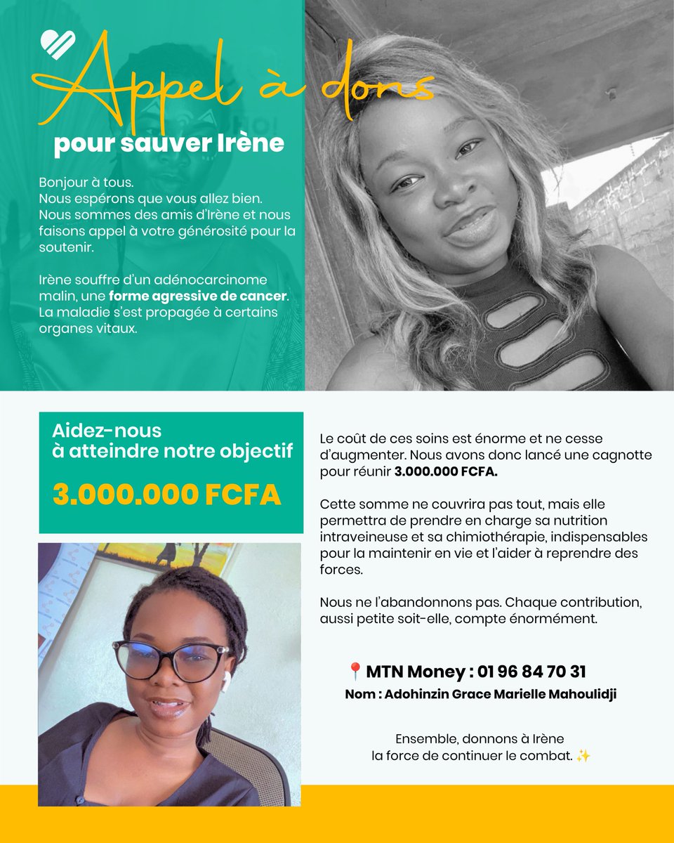 Bonjour par ici,
J’espère que vous allez bien. 
Je viens solliciter votre générosité pour sauver la vie de mon amie Irène. Elle souffre d’un adénocarcinome, un cancer qui s’est propagé à certains organes vitaux. Le coût des soins est énorme et ne cesse d’augmenter.